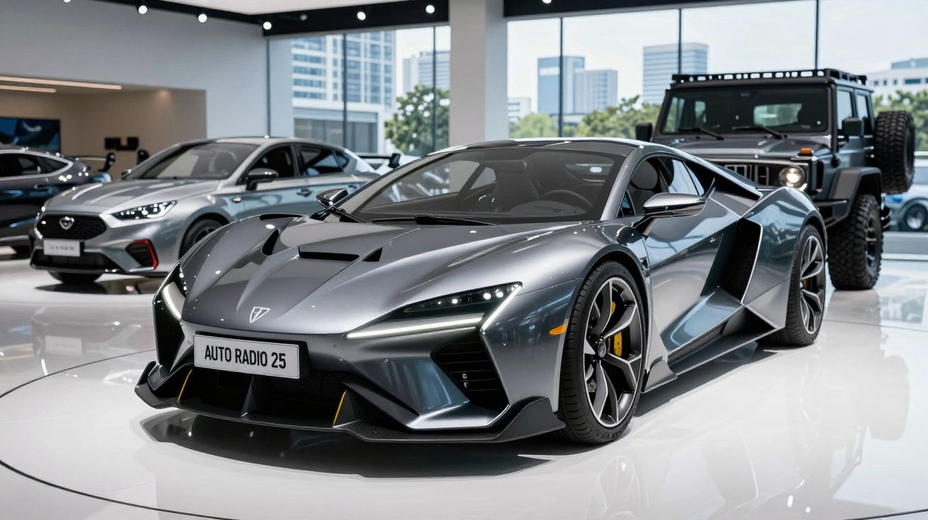 Carro desportivo cinzento metálico em destaque numa exposição de automóveis moderna com outros veículos ao fundo.