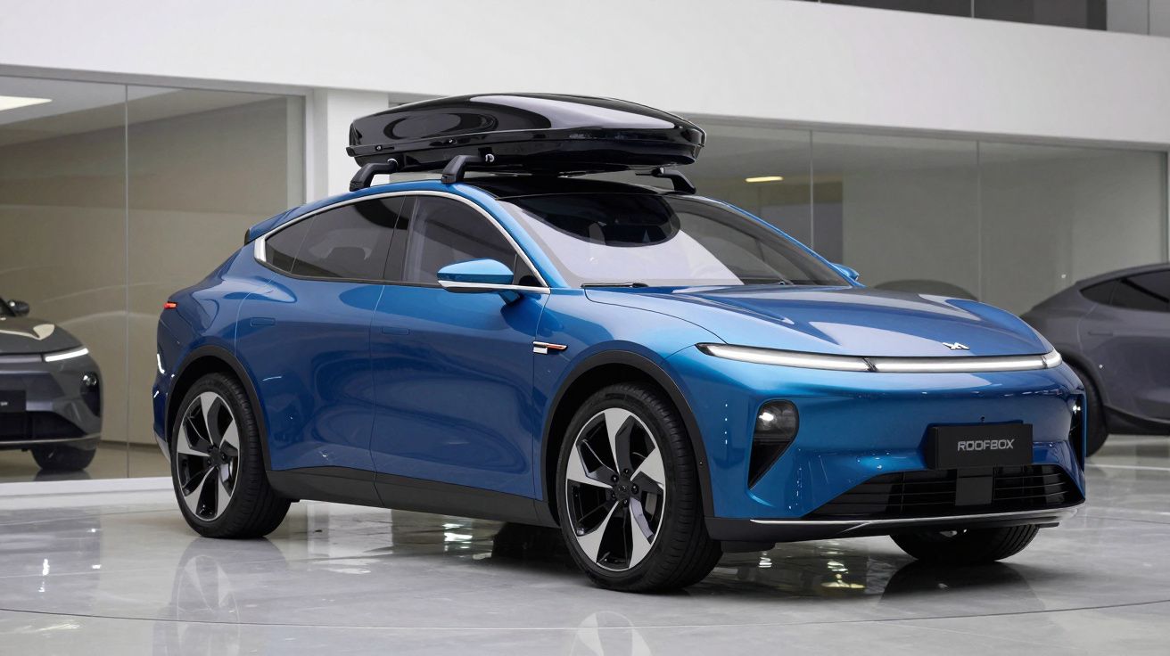 Carro elétrico azul com design moderno e bagageira de tejadilho preta, em showroom.