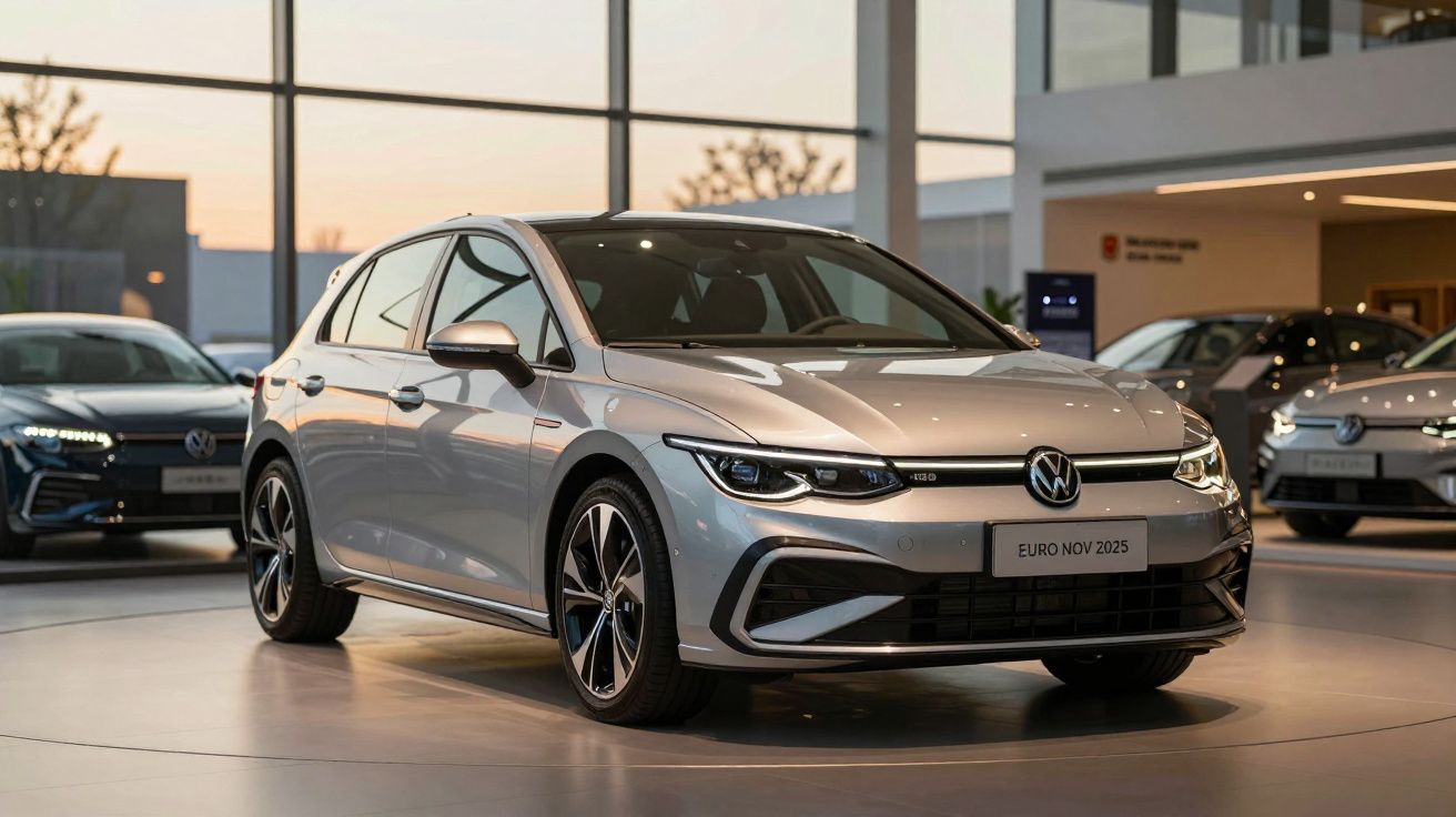 Carro Volkswagen cinza prateado em exposição numa sala com grandes janelas e outros veículos ao fundo.