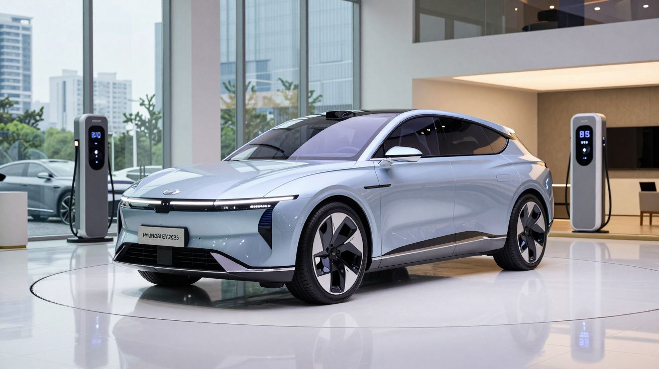 Carro elétrico Hyundai EV 2025 prateado a carregar numa estação de carregamento moderna dentro de edifício.
