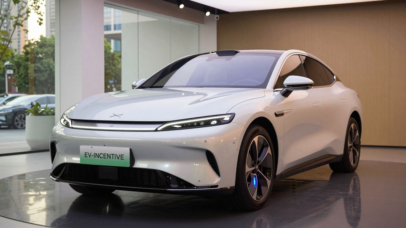 Carro elétrico branco moderno em exposição numa sala iluminada com vidro e parede bege.