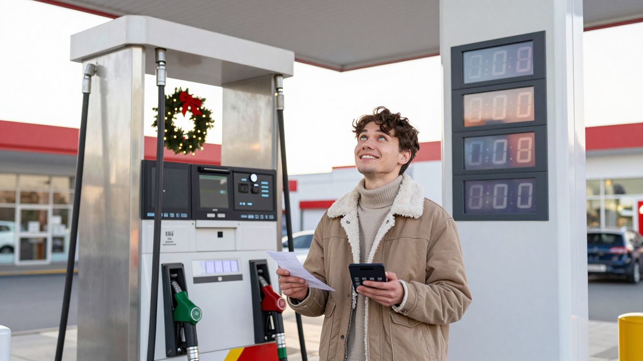 Jovem com casaco bege consulta fatura e telemóvel numa bomba de gasolina decorada com guirlanda de Natal.