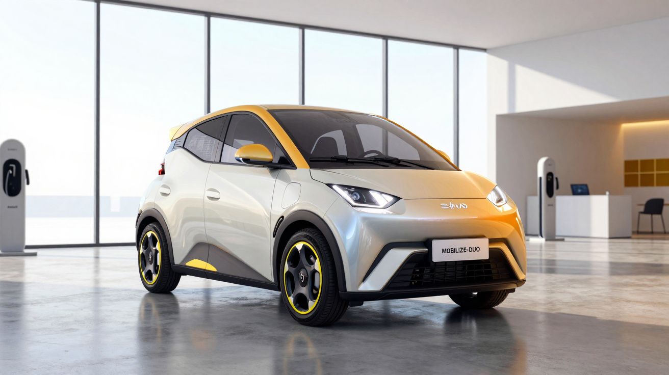 Carro elétrico compacto branco com detalhes amarelos numa garagem moderna com postos de carregamento.