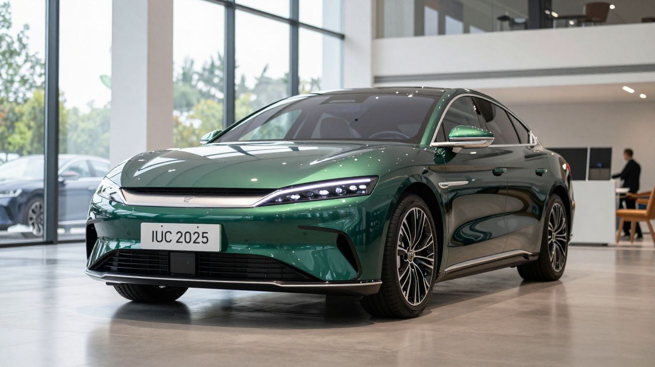 Carro elétrico verde estacionado dentro de showroom moderno com grandes janelas e iluminação natural.