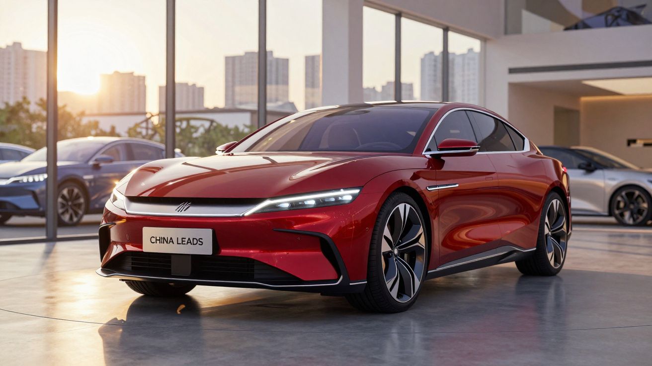 Carro elétrico desportivo vermelho estacionado em showroom moderno com grandes janelas e edifícios ao fundo.