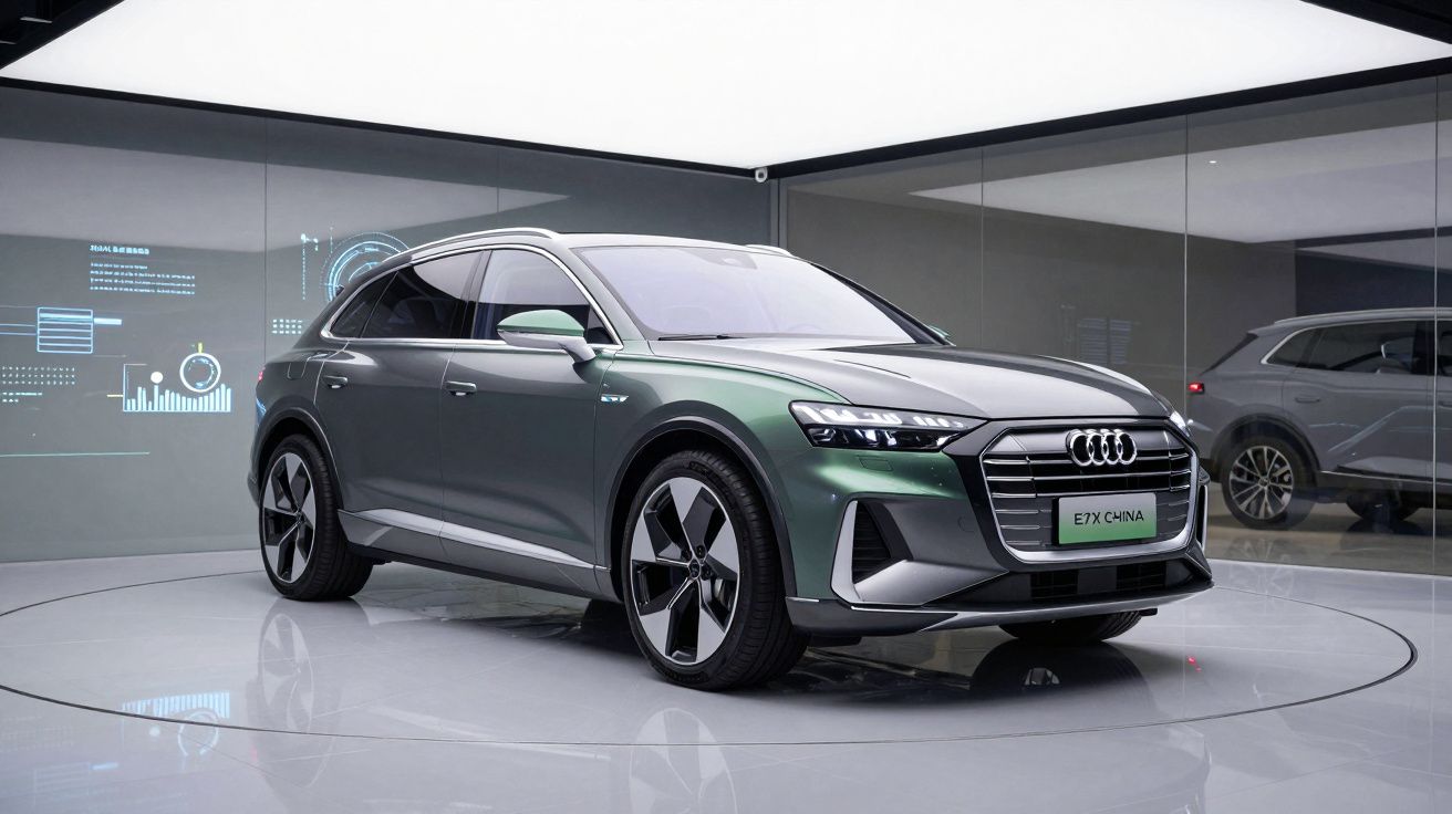 Audi E-Tron E7X verde estacionado em estúdio com iluminação branca e reflexos no chão polido.