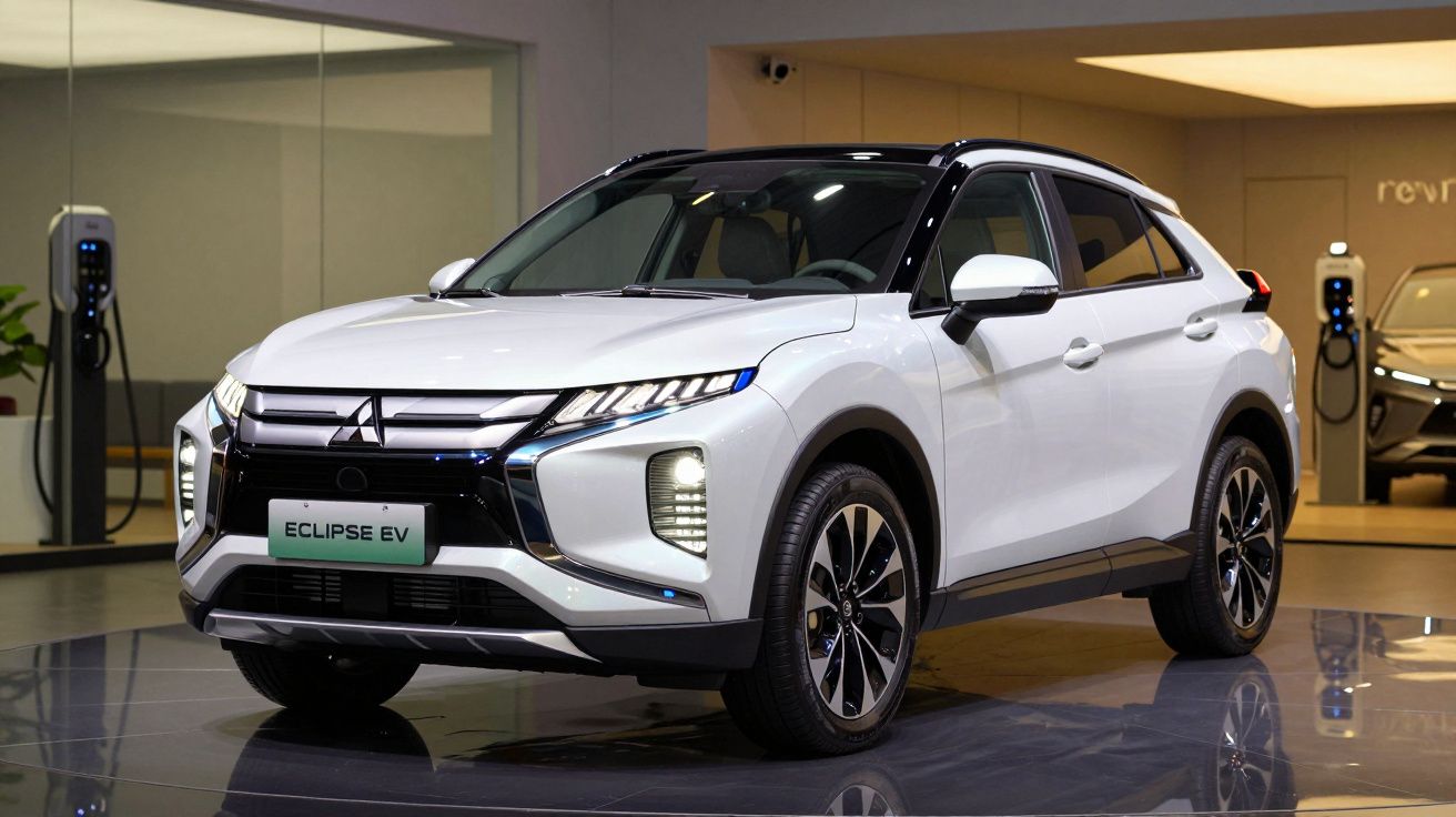 Mitsubishi Eclipse EV branco estacionado interior com iluminação moderna e carregadores de carro elétrico ao fundo.