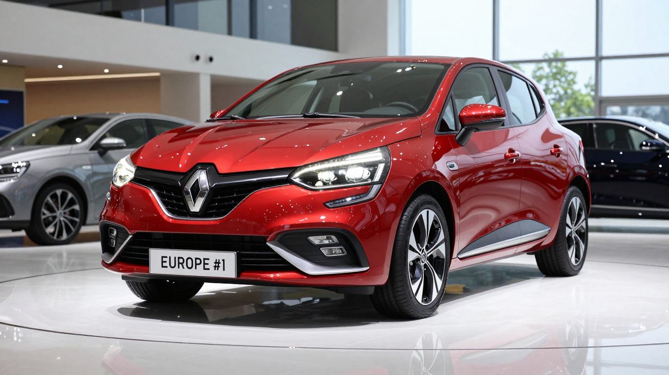 Renault Clio vermelho exposto numa sala de exposição automóvel moderna com outros carros ao fundo.