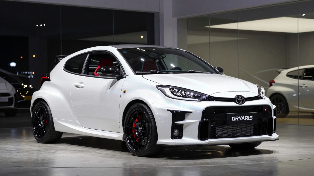 Carro desportivo branco Toyota GR Yaris estacionado em showroom moderno e iluminado.