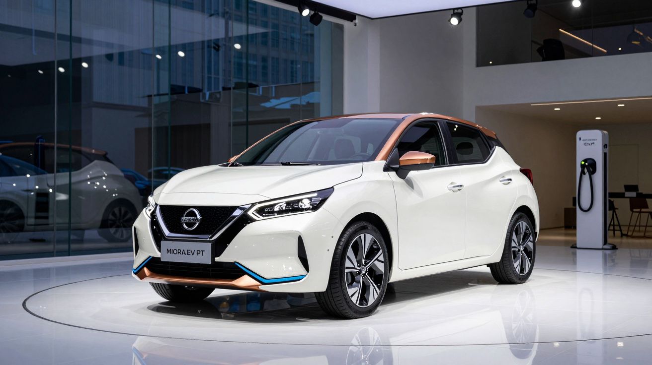 Carro elétrico branco com detalhes bronze exposto em salão moderno com carregador elétrico ao fundo.