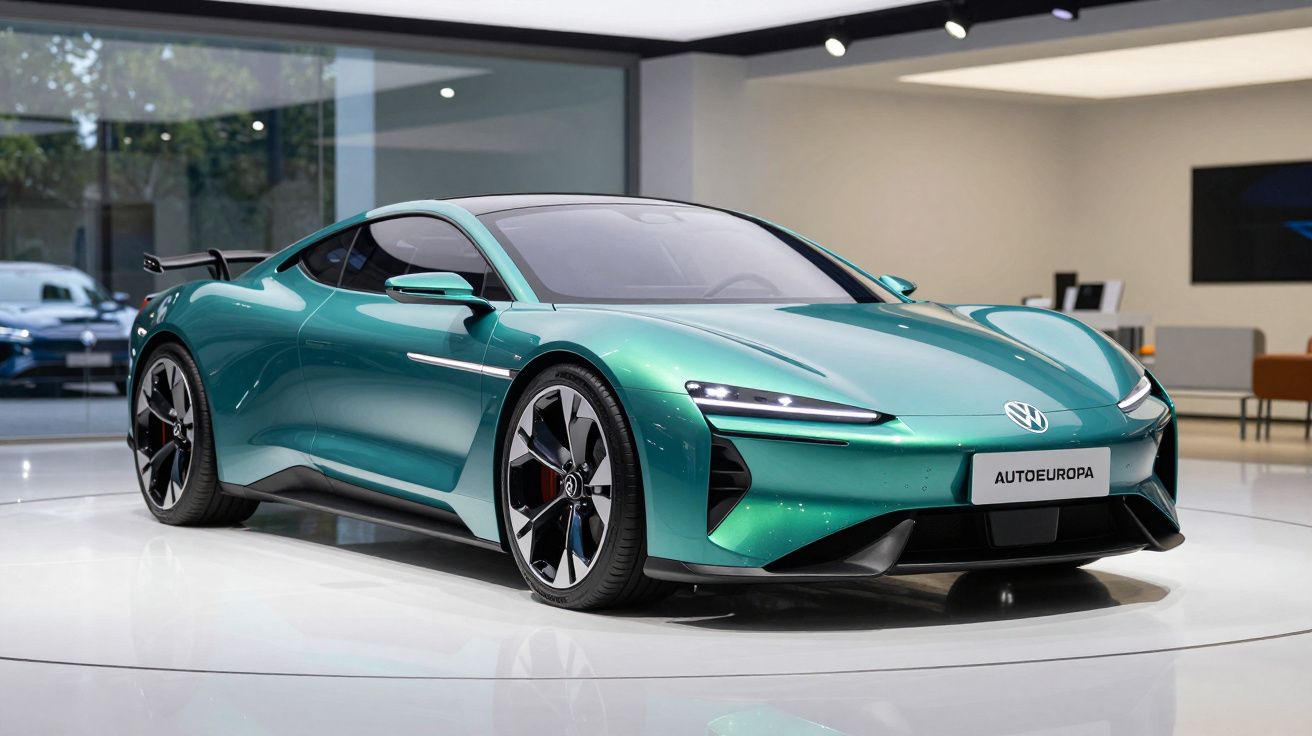 Carro desportivo eléctrico verde esmeralda Volkswagen numa exposição moderna e iluminada.