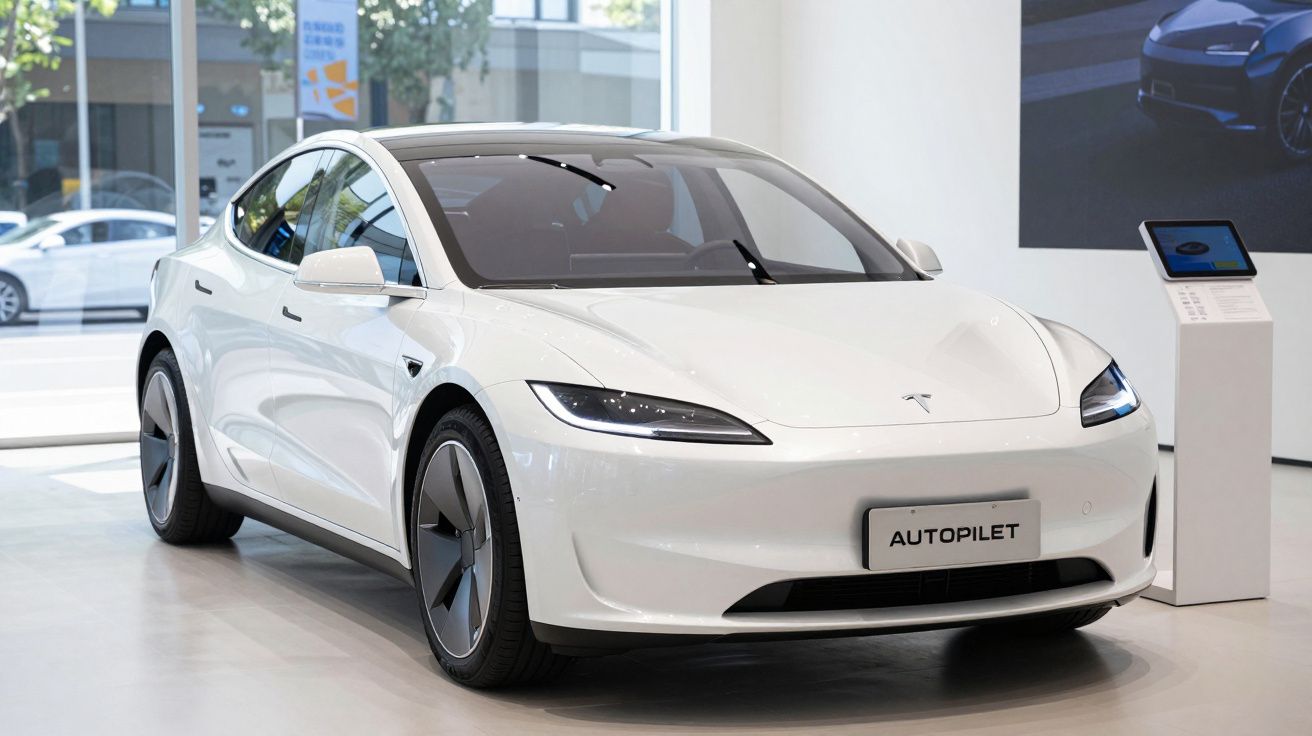 Carro elétrico Tesla branco modelo Y estacionado em showroom com placa "Autopilot".