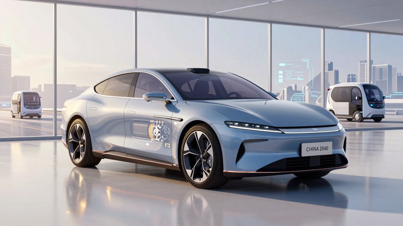 Carro elétrico moderno cinzento estacionado numa sala ampla com janelas grandes e veículos autónomos ao fundo.