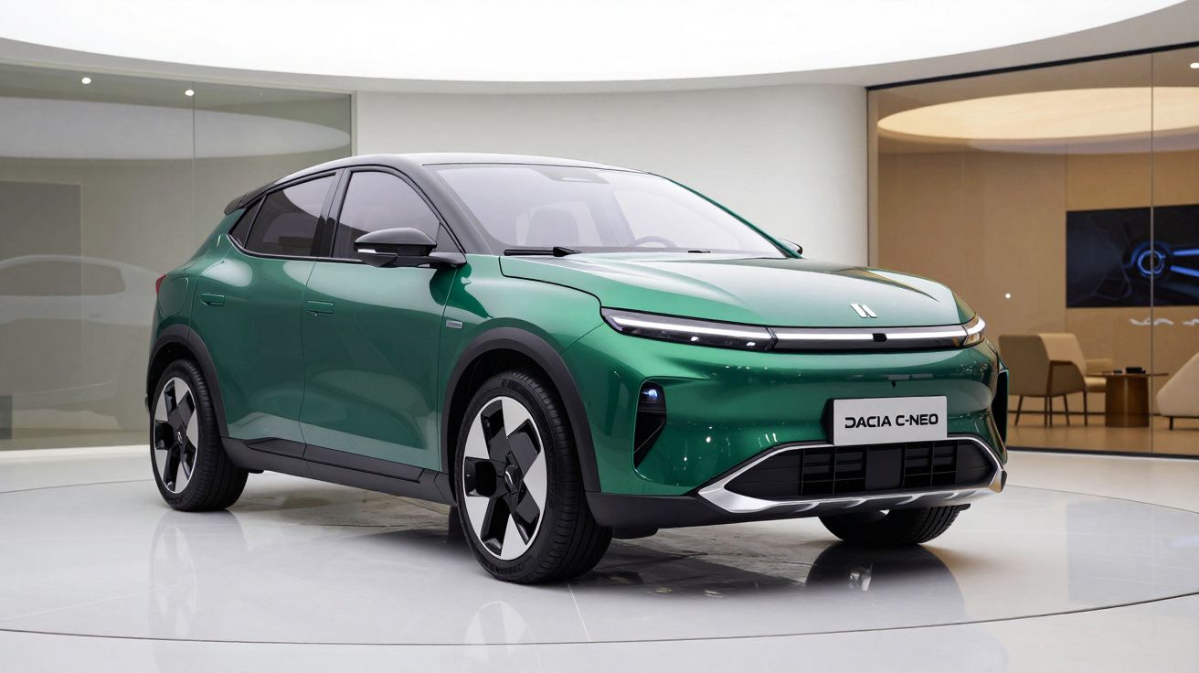 Carro elétrico verde Dacia C-Neo estacionado em showroom moderno e minimalista.