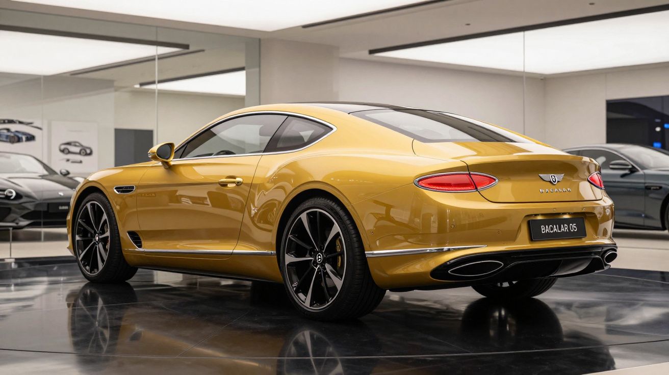 Carro desportivo dourado Bentley Bacalar 2023 em exposição numa sala moderna com chão espelhado.