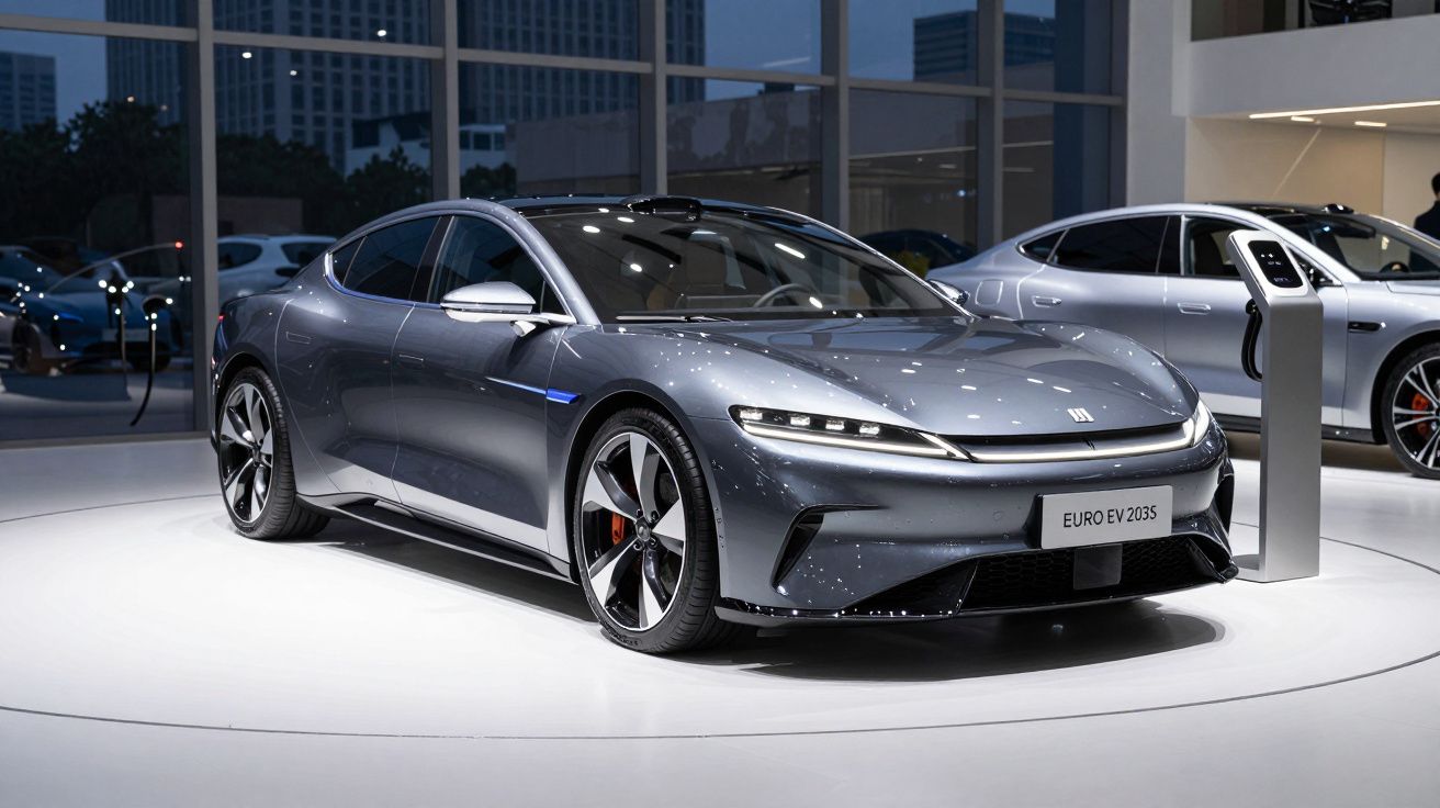 Carro elétrico cinza moderno exposto em salão, modelo Euro EV 2035, com design aerodinâmico e luzes LED.