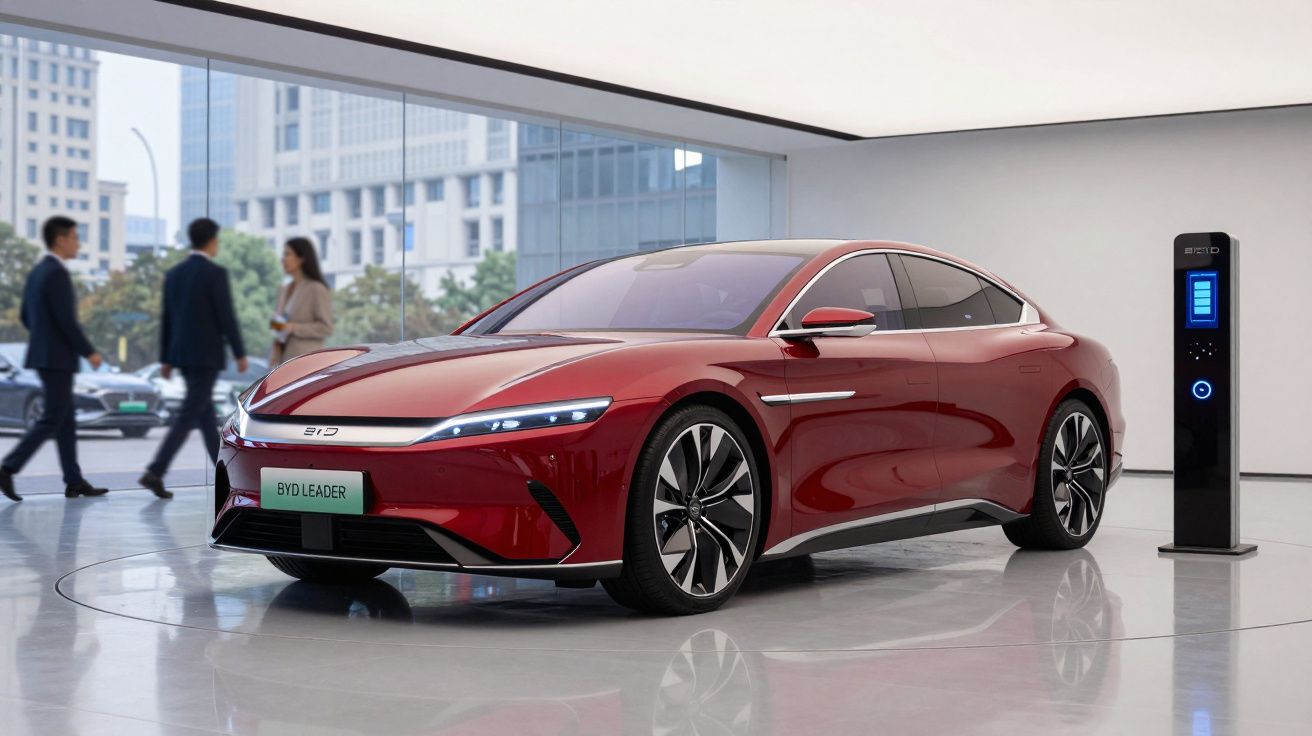 Carro elétrico vermelho BYD Leader estacionado em espaço moderno com estação de carregamento ao lado.