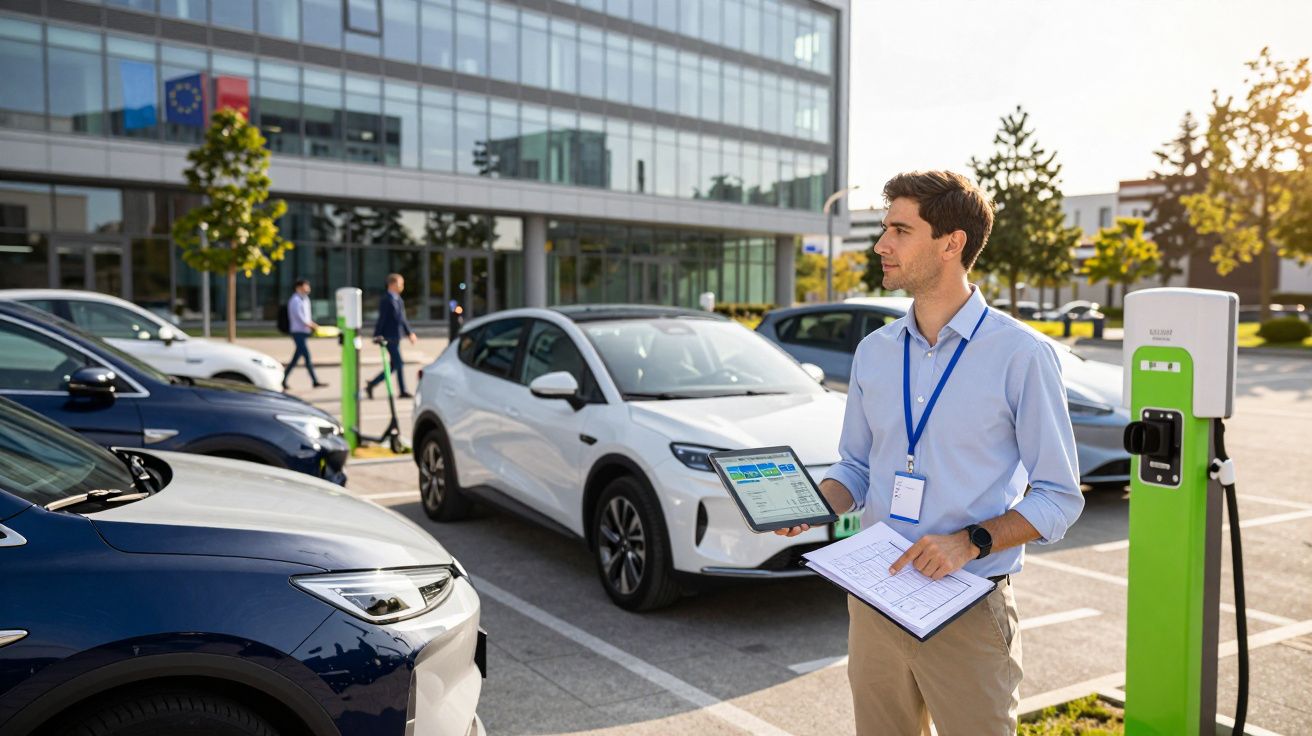 Homem com tablet e prancheta a inspecionar carros elétricos num parque de estacionamento moderno.