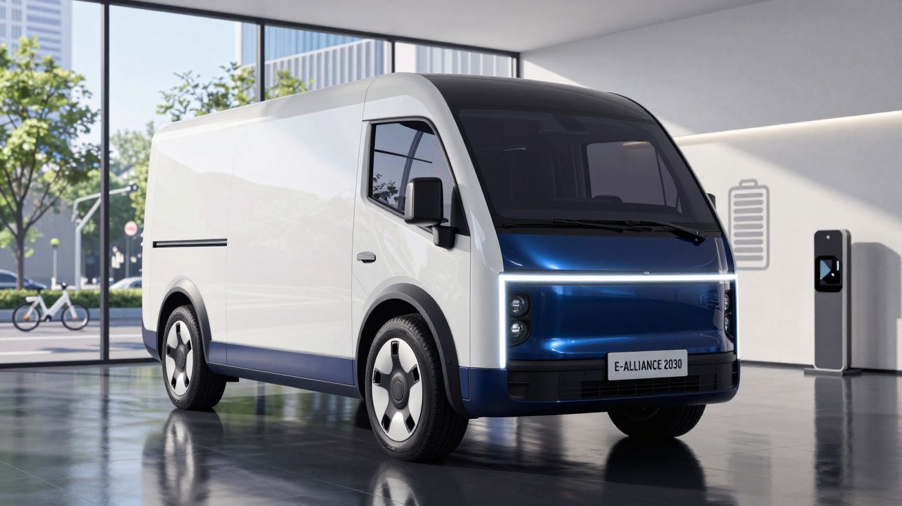 Veículo comercial elétrico branco estacionado numa garagem futurista com pontos de carregamento.