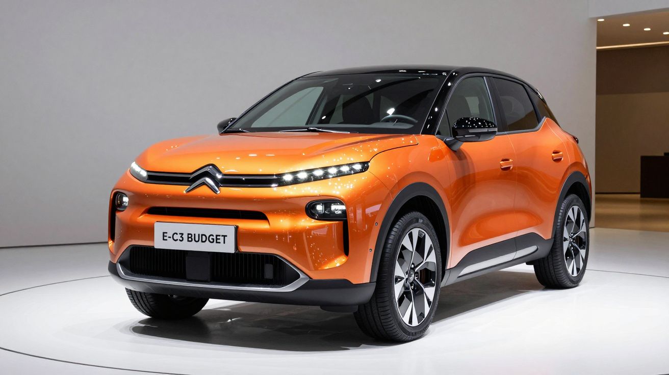 Citroën E-C3 Budget elétrico laranja com tejadilho preto em exposição interior.