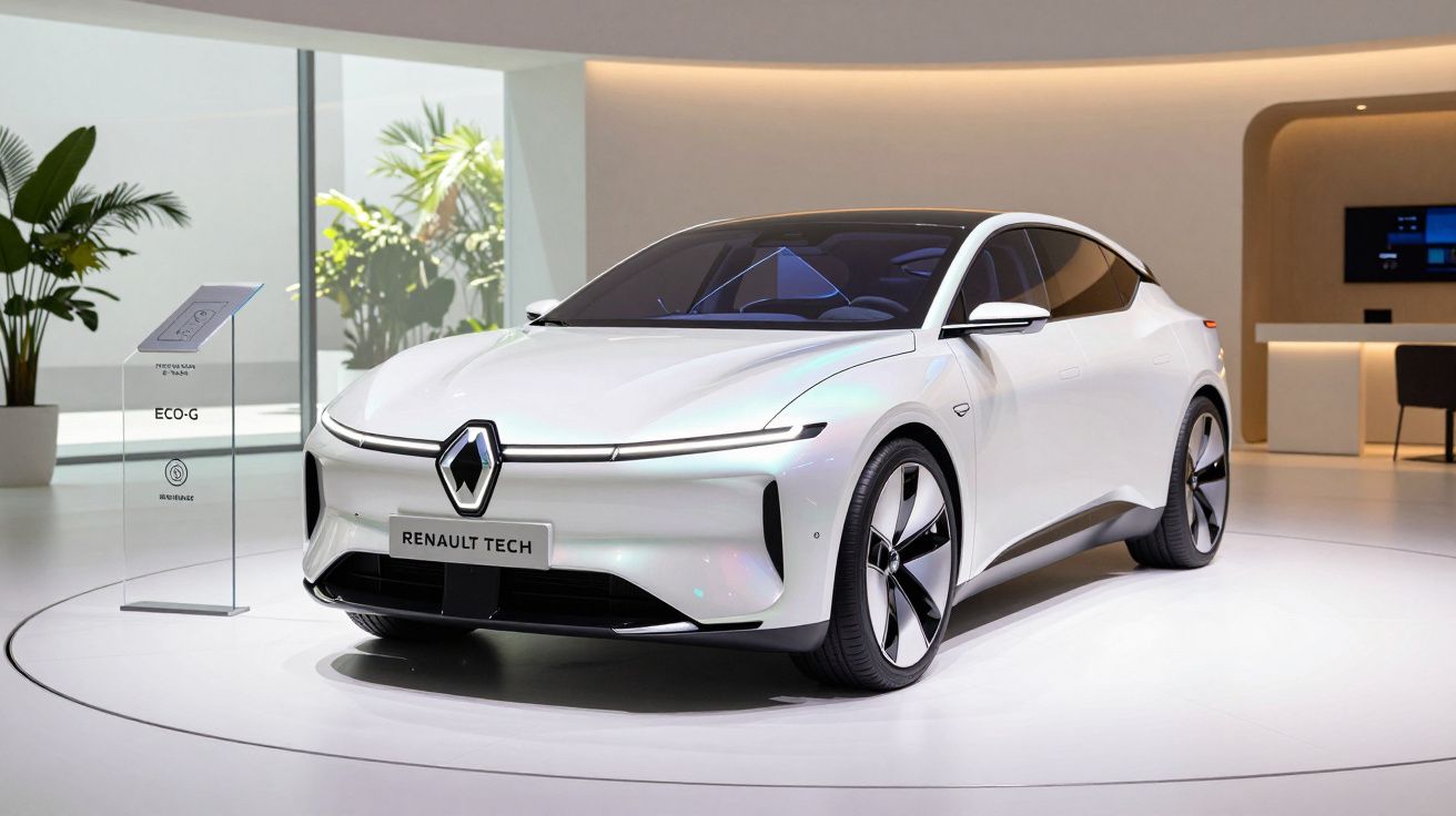 Carro compacto branco elétrico da Renault exposto em ambiente moderno e minimalista.
