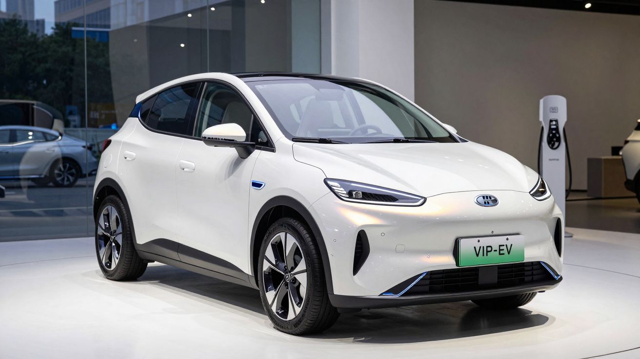Carro elétrico branco em exposição, com design moderno e elegante, placa VIP-EV, carga elétrica ao fundo.