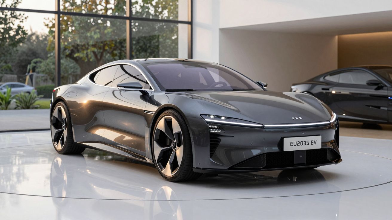 Carro elétrico desportivo cinza estacionado em espaço moderno com vidros amplos e luz natural.