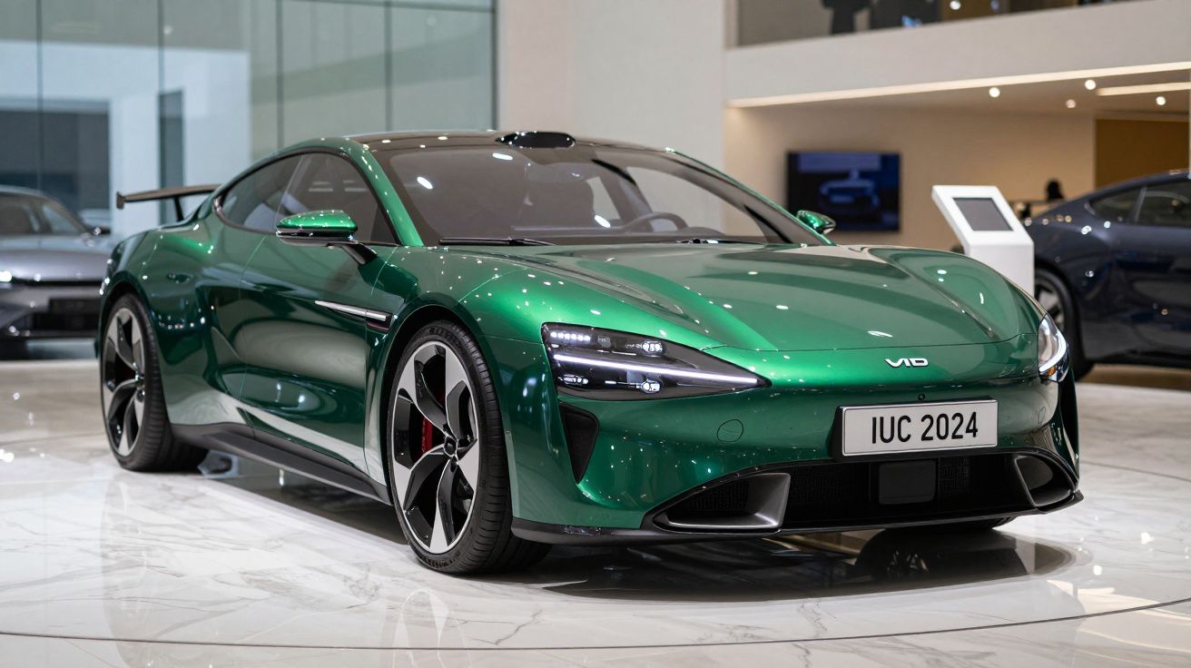 Carro desportivo elétrico verde metálico com linhas aerodinâmicas em exposição numa sala moderna.