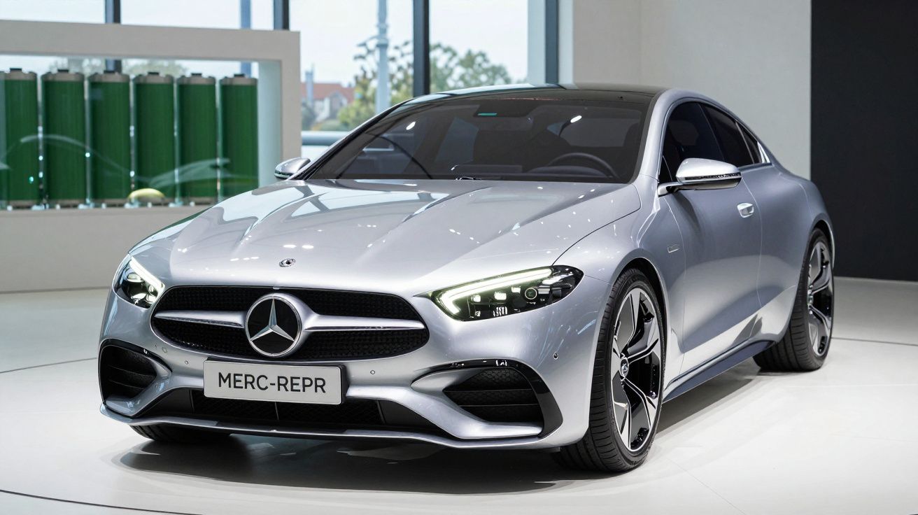 Carro desportivo Mercedes-Benz prata num salão de automóveis com iluminação interior.