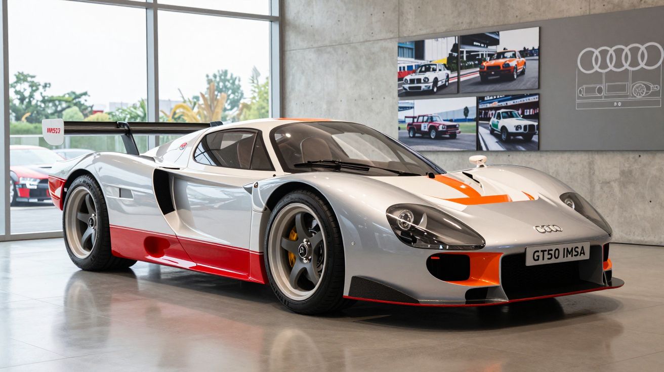 Carro desportivo Audi GT50 IMSA prata com detalhes laranja e vermelho, exibido num showroom moderno.