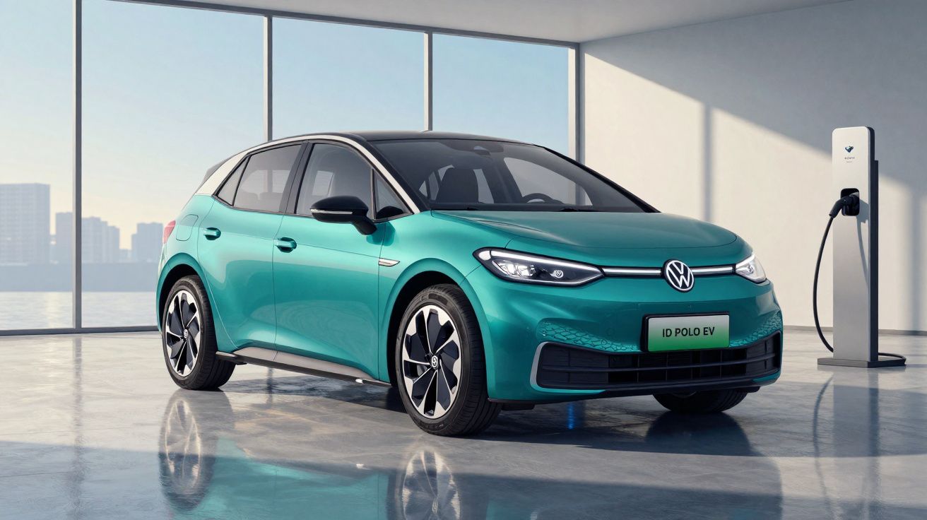 Carro elétrico Volkswagen ID Polo EV verde estacionado com estação de carregamento num ambiente moderno.