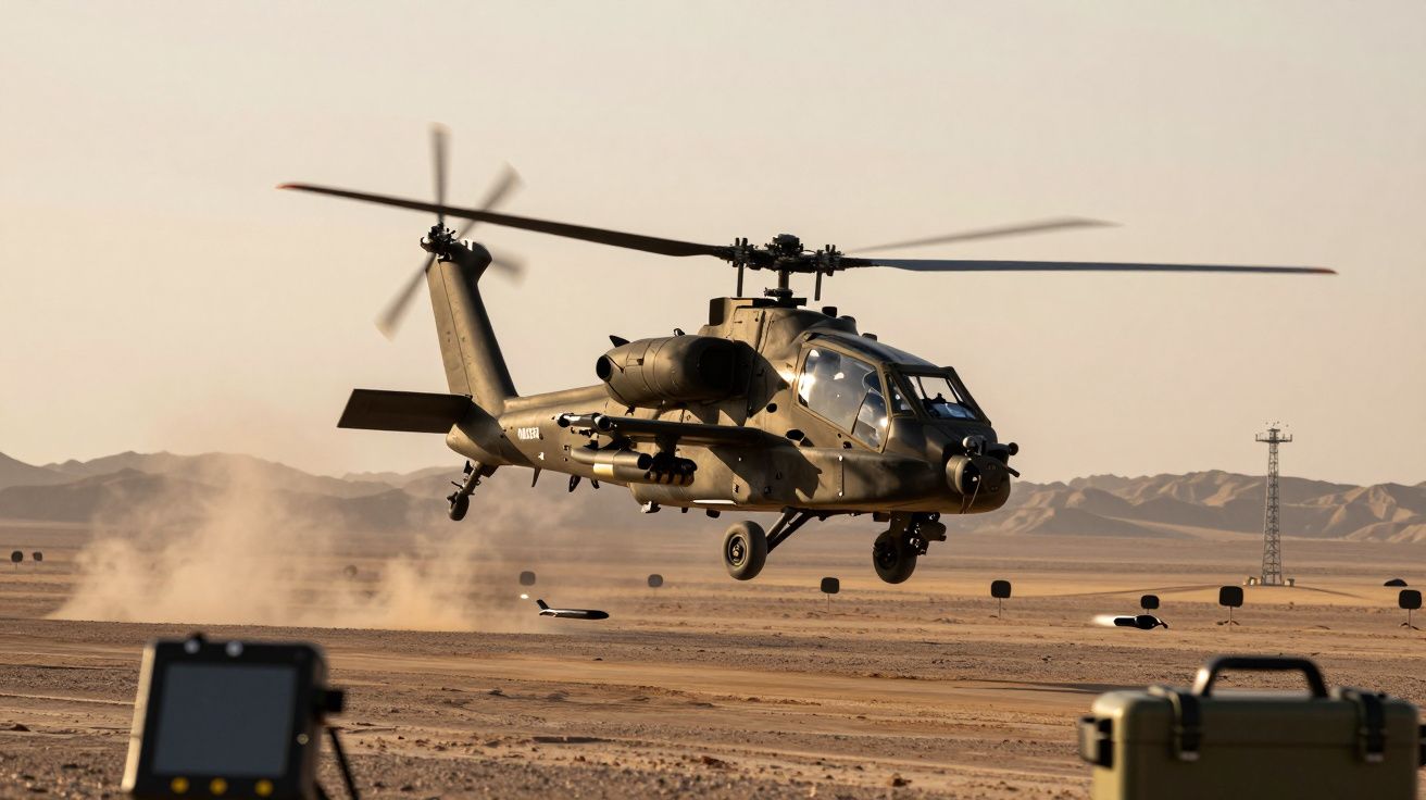 Helicóptero militar a voar baixo sobre terreno desértico com montanhas ao fundo e equipamentos no primeiro plano.