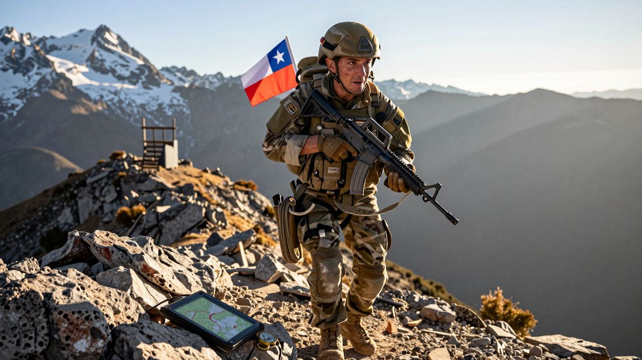 Soldado chileno em equipamento militar e arma sobe trilho rochoso com bandeira do Chile e tablet no chão.
