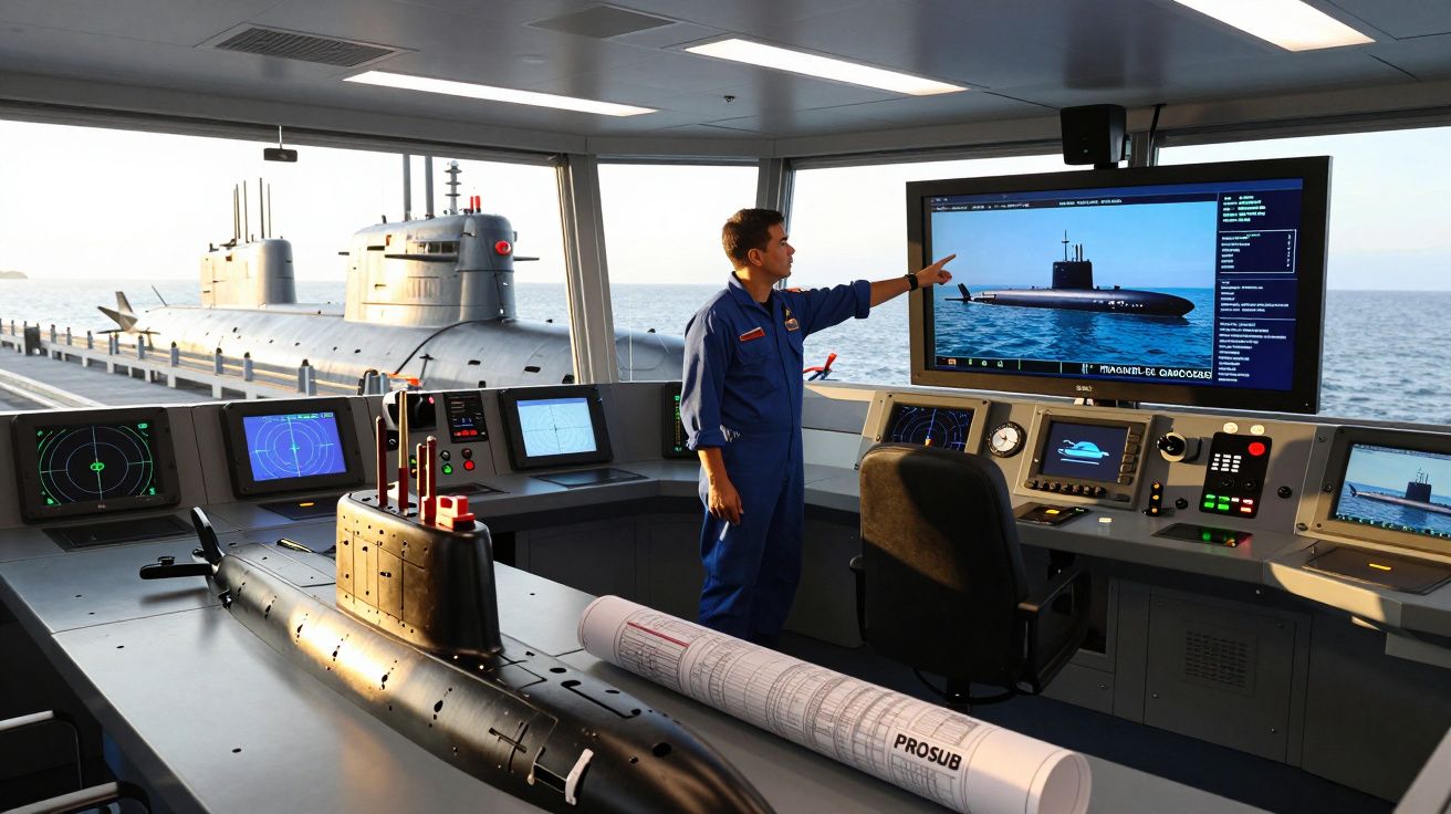 Homem em uniforme azul aponta para ecrã com imagem de submarino na ponte de comando de um navio com submarino ao fundo.