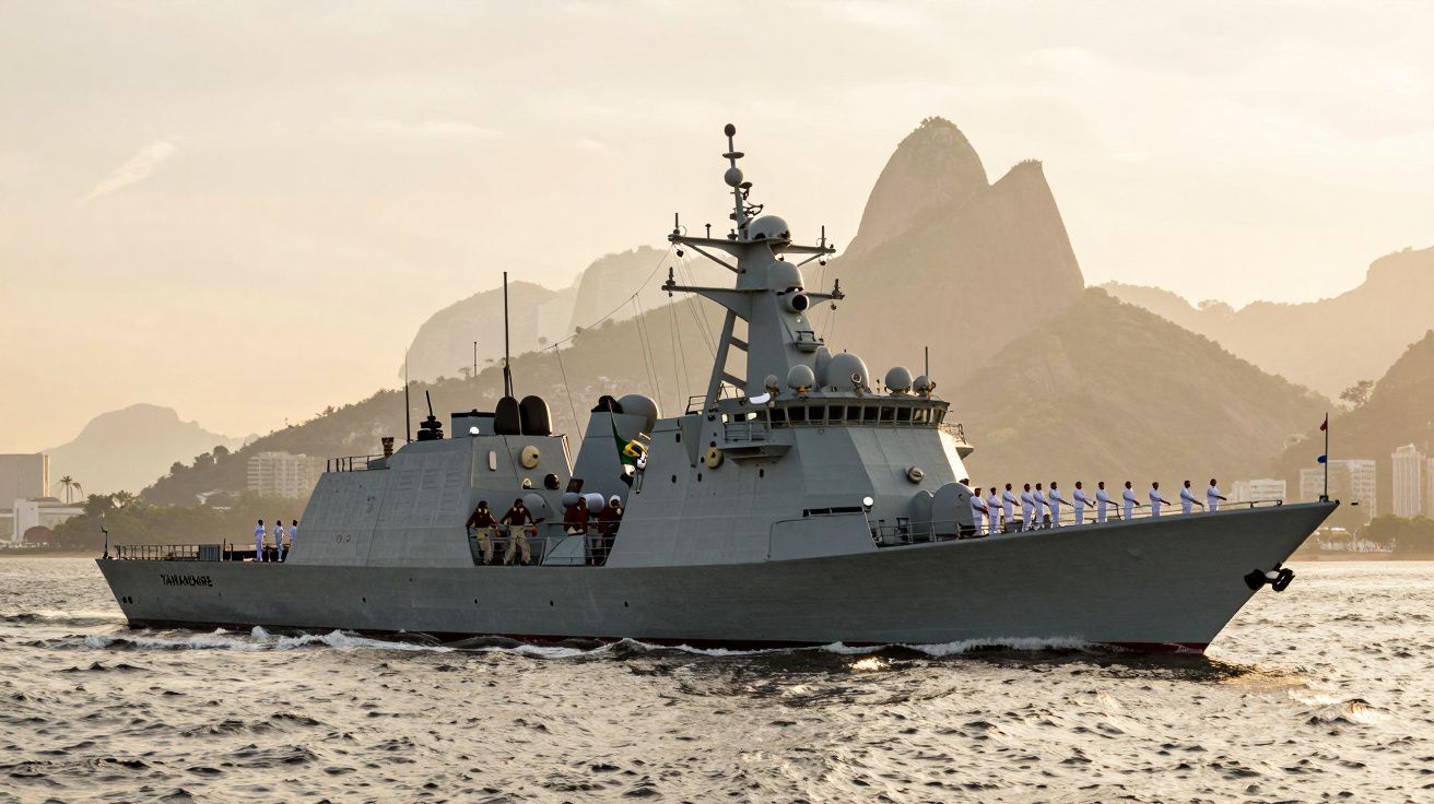 Navio militar cinzento com tripulação em formação navegando em mar calmo ao pôr do sol, com montanhas ao fundo.
