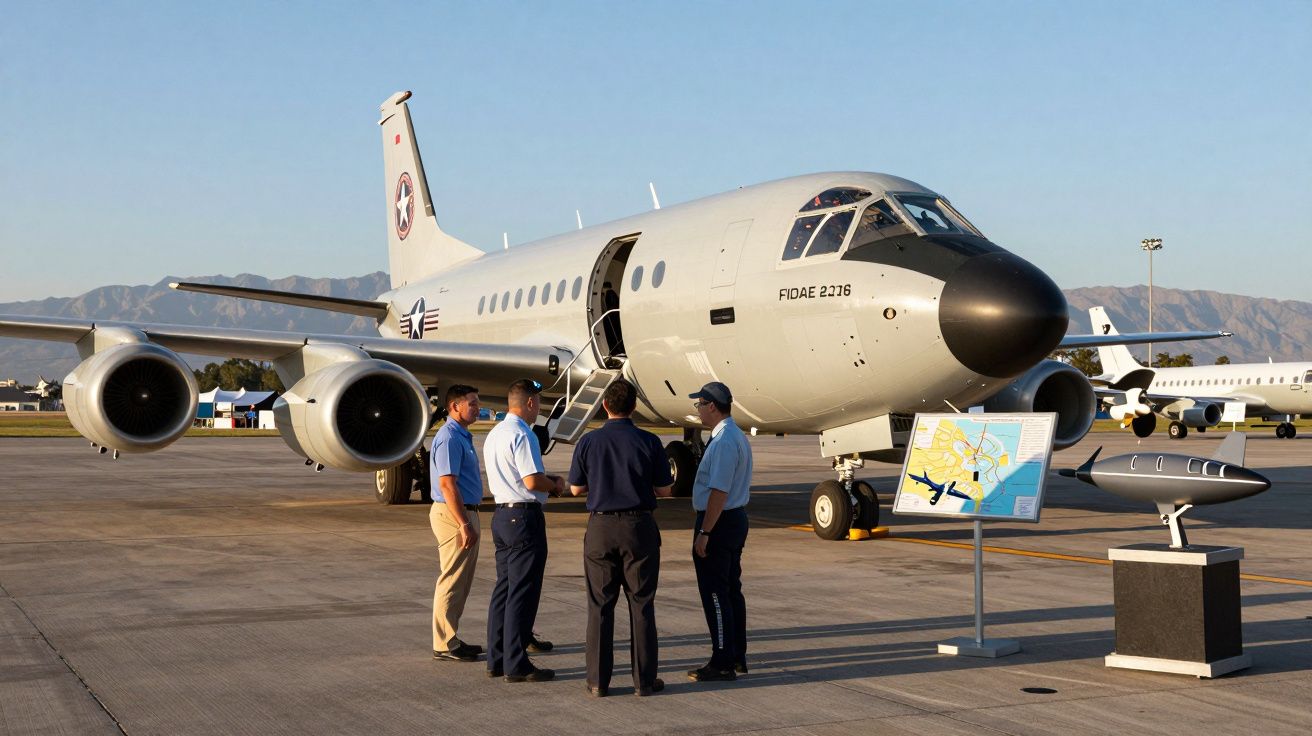 Quatro homens em uniforme conversam junto a um avião militar estacionado num aeródromo.