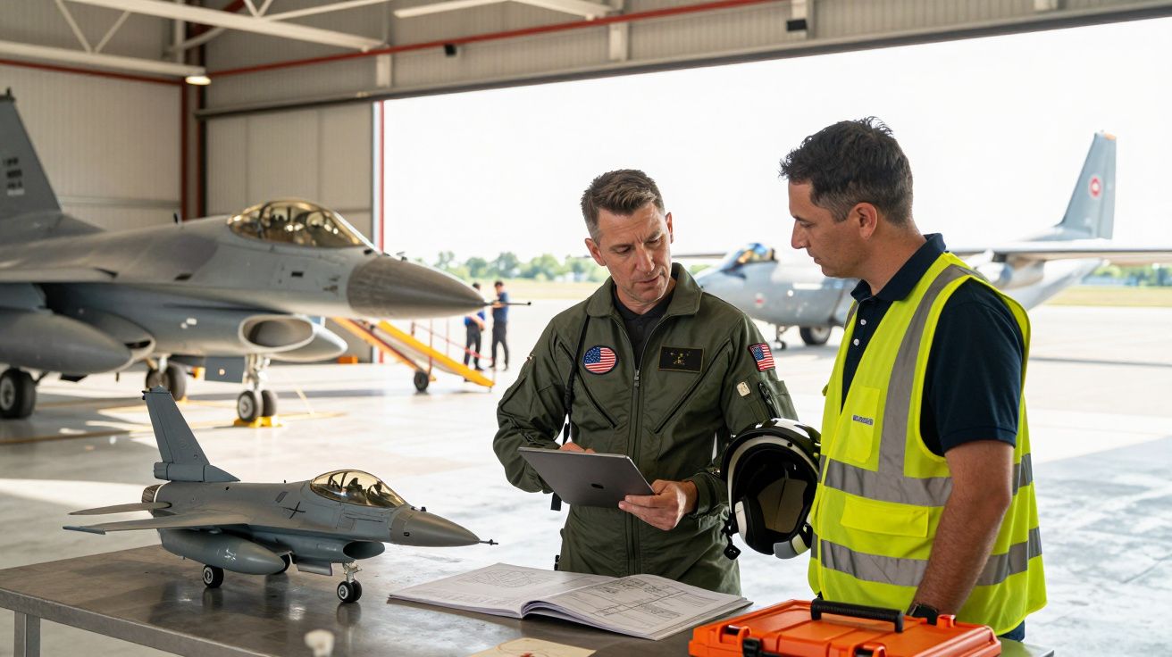 Dois homens junto a maquete de avião militar em hangar, um com fato de voo e outro com colete refletor.