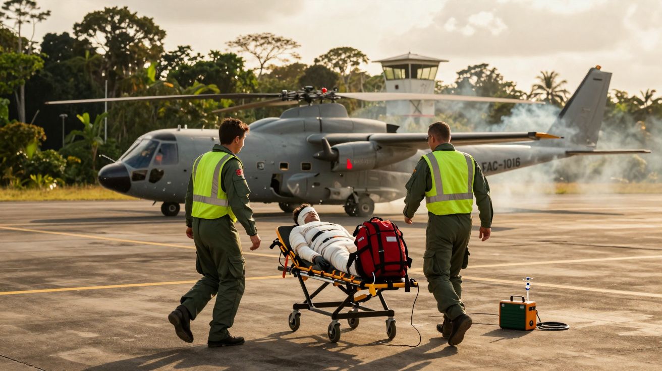 Dois militares transportam um ferido numa maca perto de um helicóptero no aeroporto ao pôr do sol.