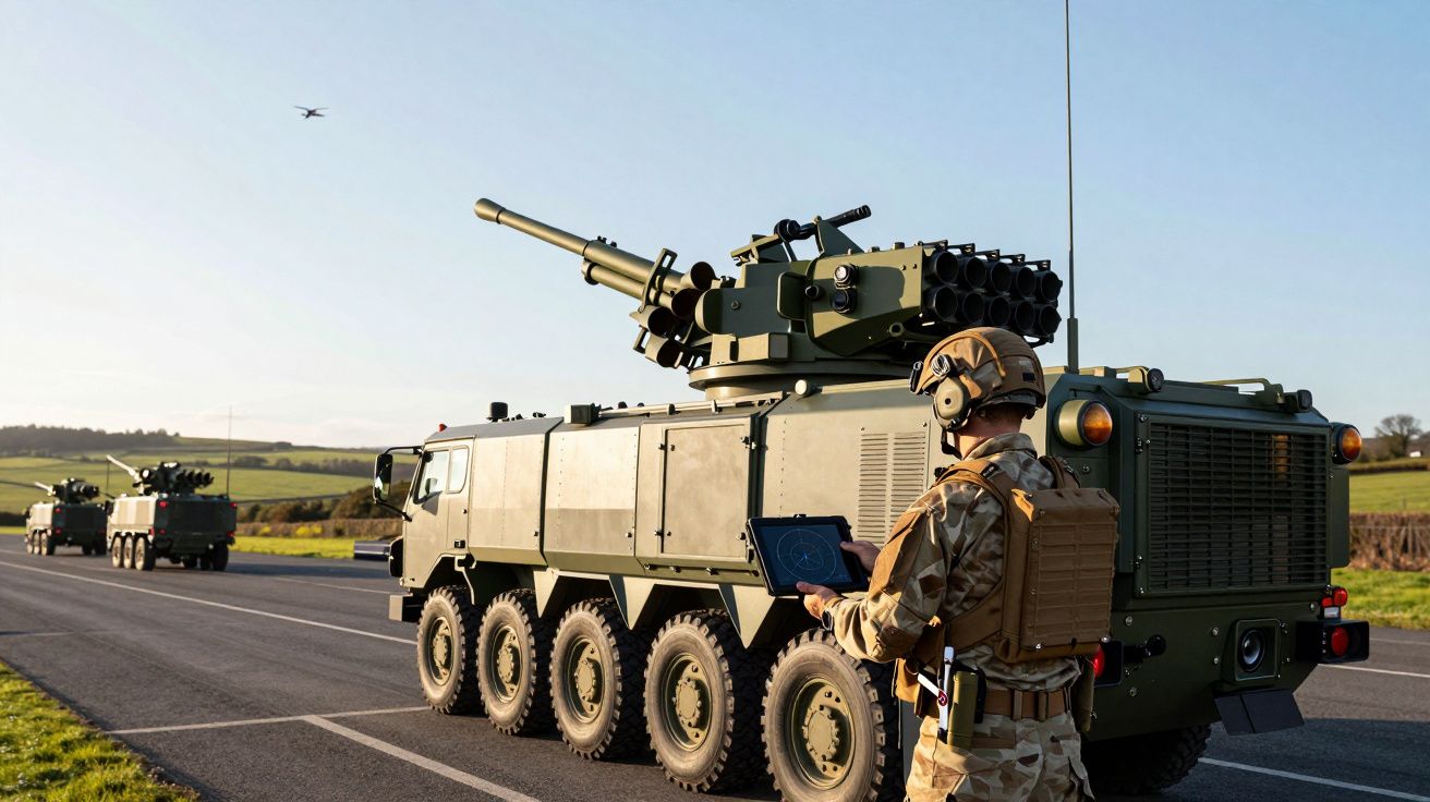 Soldado em uniforme camuflado com tablet junto a veículo militar blindado em estrada rural com drone no céu.
