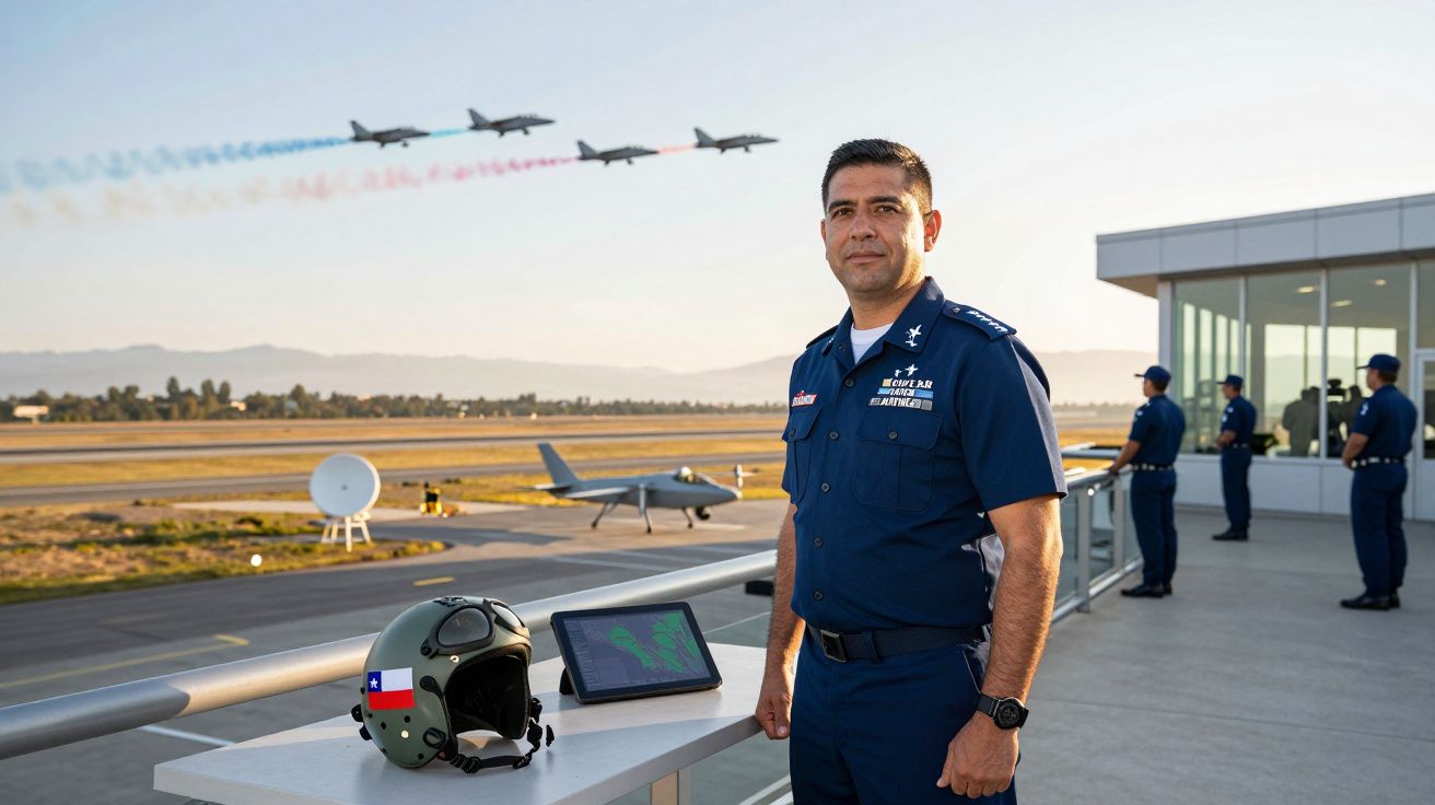Militar em uniforme azul com capacete e tablet na mesa, em aeroporto, com aviões a sobrevoar e quatro soldados ao fundo.