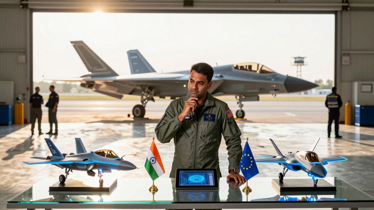Homem com fato militar pensa diante de modelos de aviões de caça em hangar com avião ao fundo.