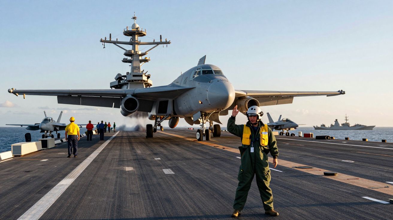 Caça militar a preparar descolagem num porta-aviões com pessoal a bordo e navios ao fundo.