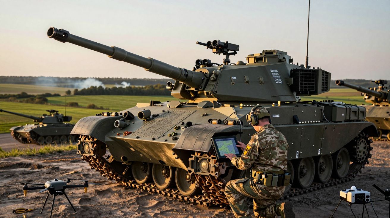 Soldado em uniforme camuflado usa tablet junto a veículo blindado e drones em área de treino militar ao pôr do sol.