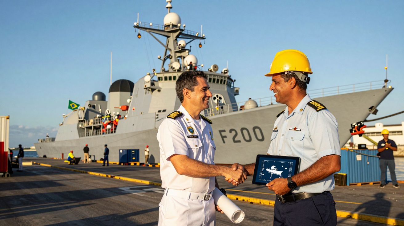 Dois militares a cumprimentarem-se em cais com navio de guerra F200 ao fundo.