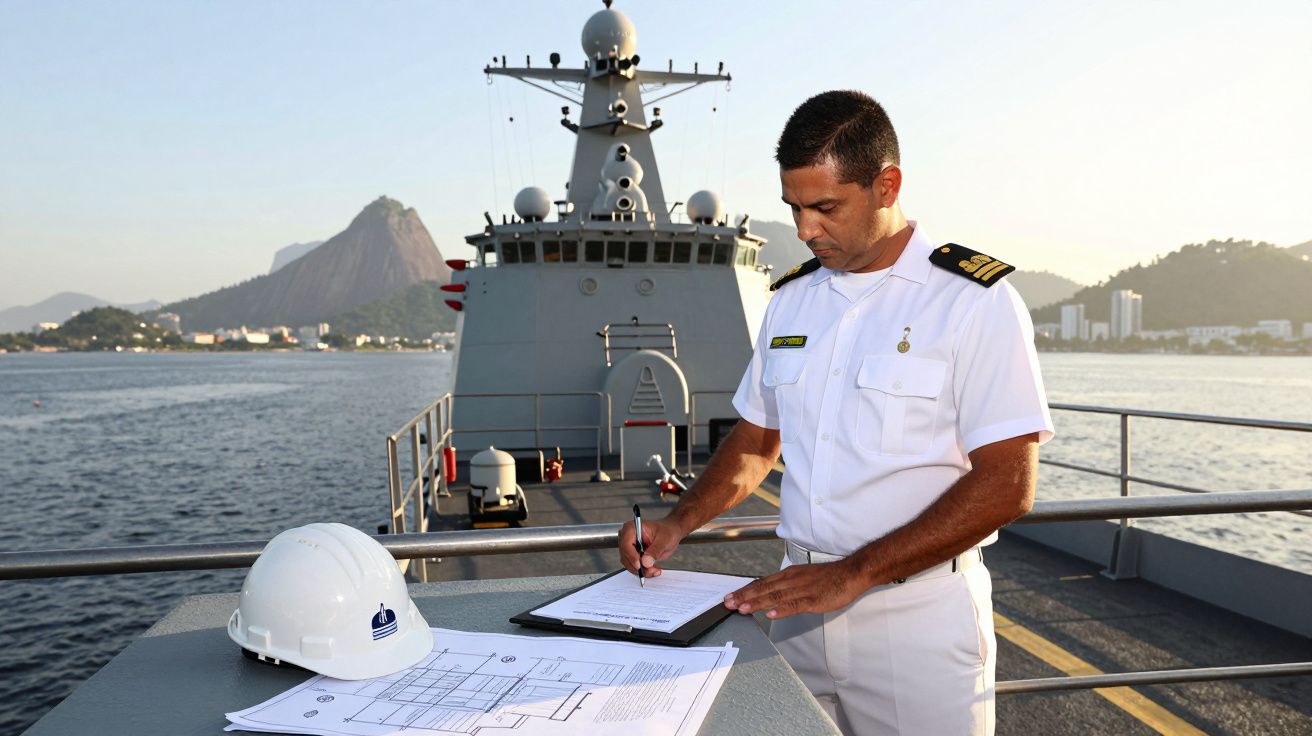 Oficial naval em uniforme branco a escrever em papel com capacete e planta de navio no convés de uma embarcação militar.