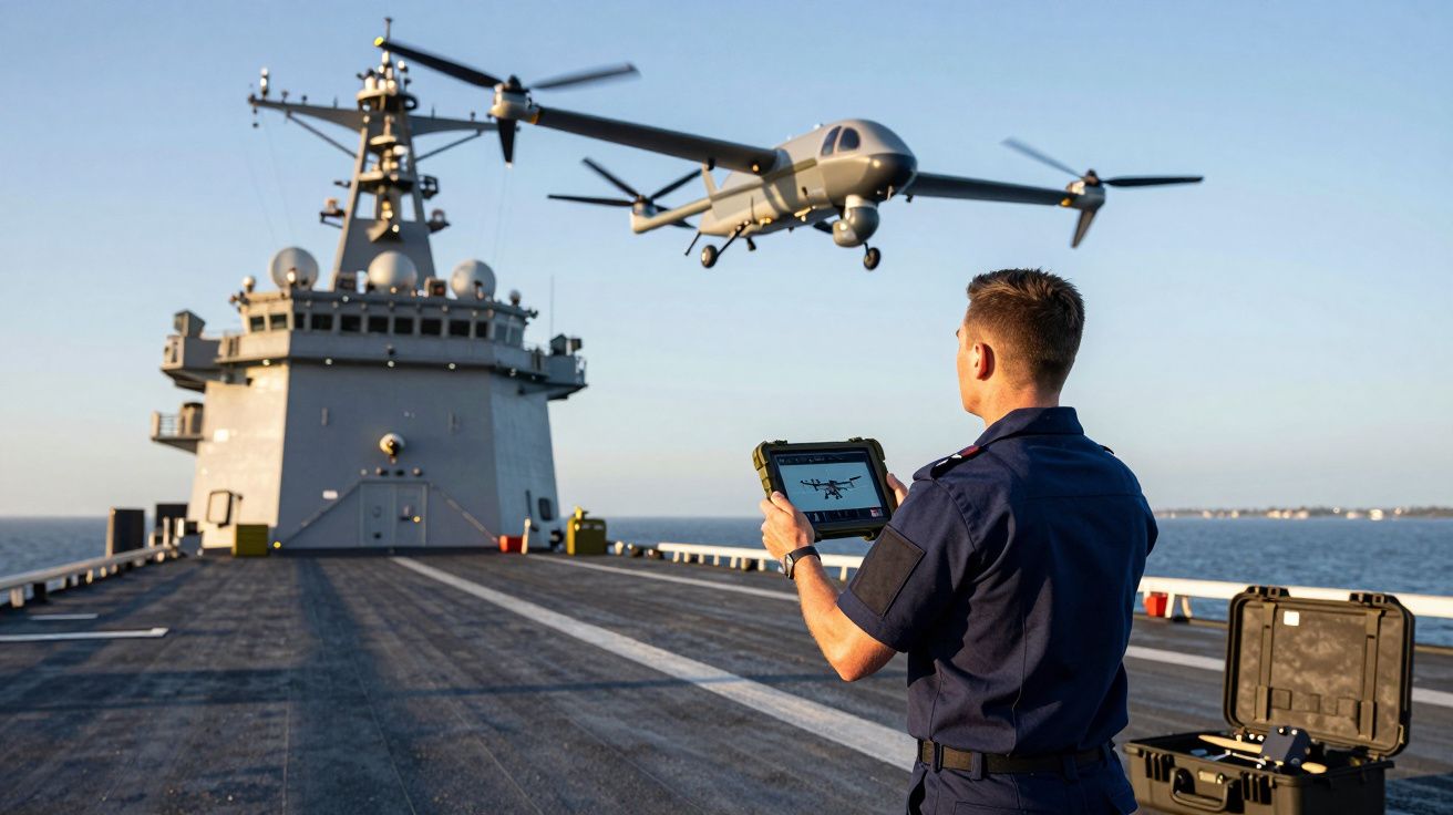 Militar controla drone com tablet a bordo de navio de guerra no mar durante o dia.