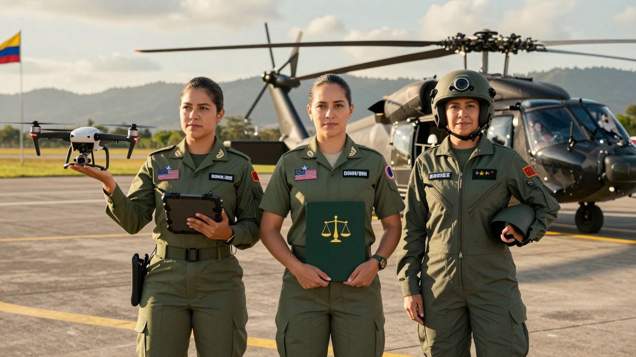 Três militares femininas em uniformes verdes com drone, pasta e capacete, em pista com helicóptero ao fundo.