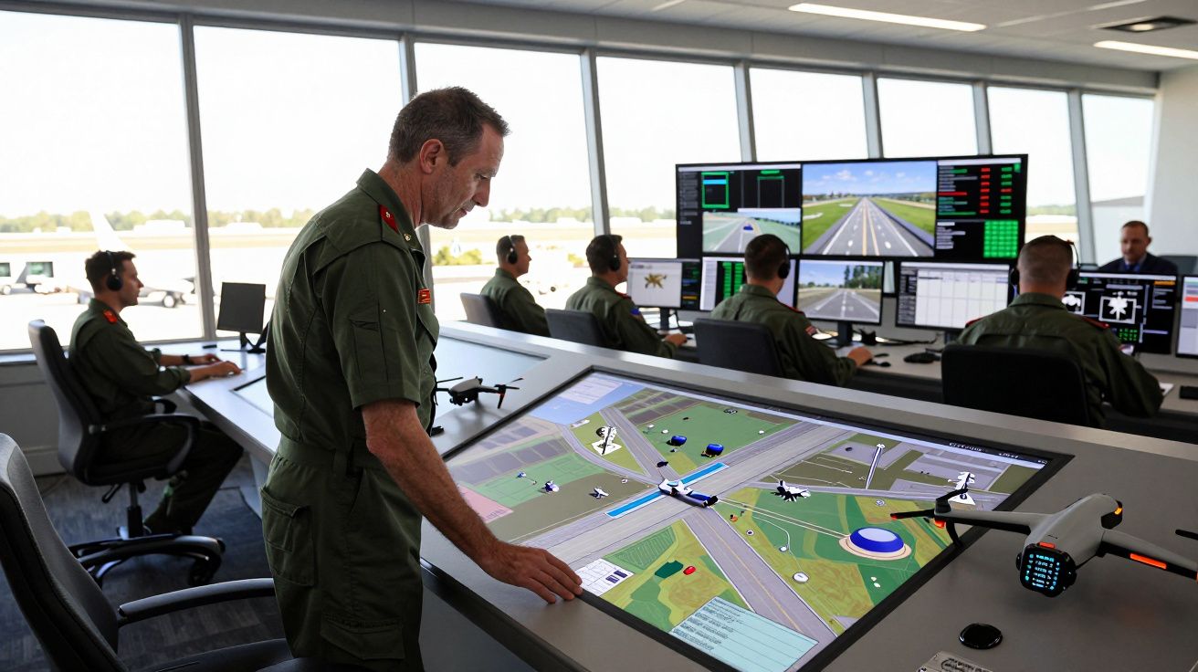 Homens em uniformes militares controlam tráfego aéreo num centro com ecrãs e sistema de visualização tátil.