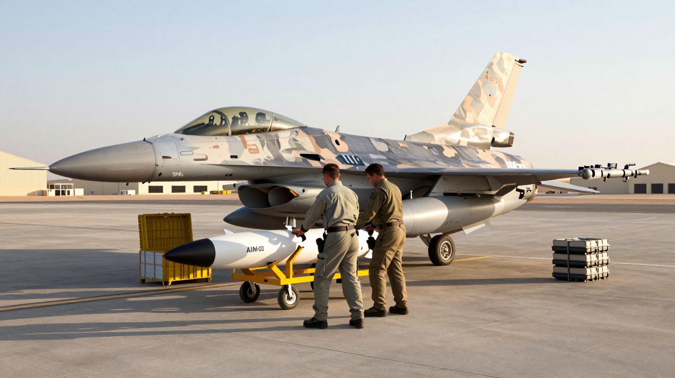 Dois militares preparam um míssil para carregar num caça F-16 camuflado, numa pista de aeródromo.