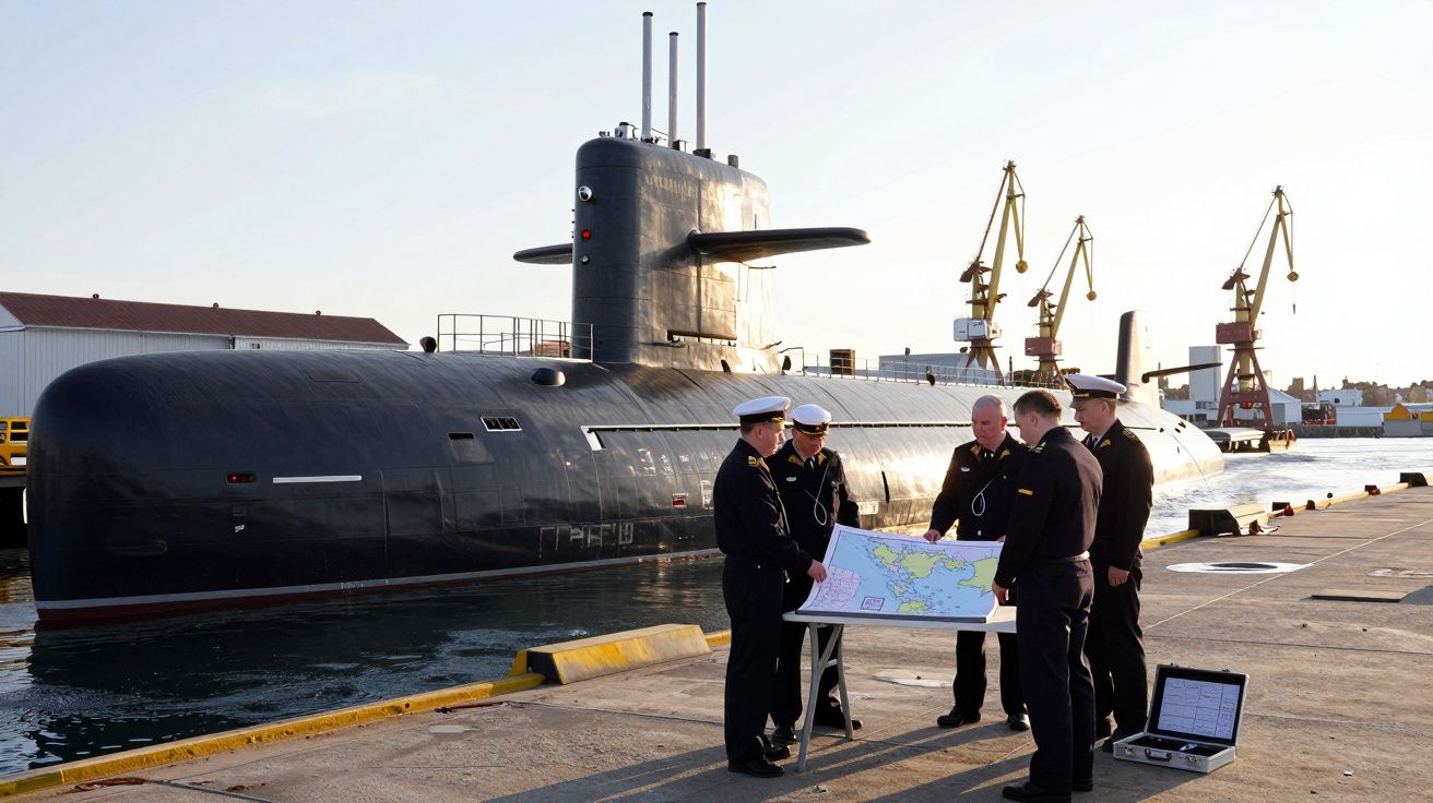 Cinco marinheiros em uniforme analisam mapa junto a submarino atracado em porto com guindastes ao fundo.